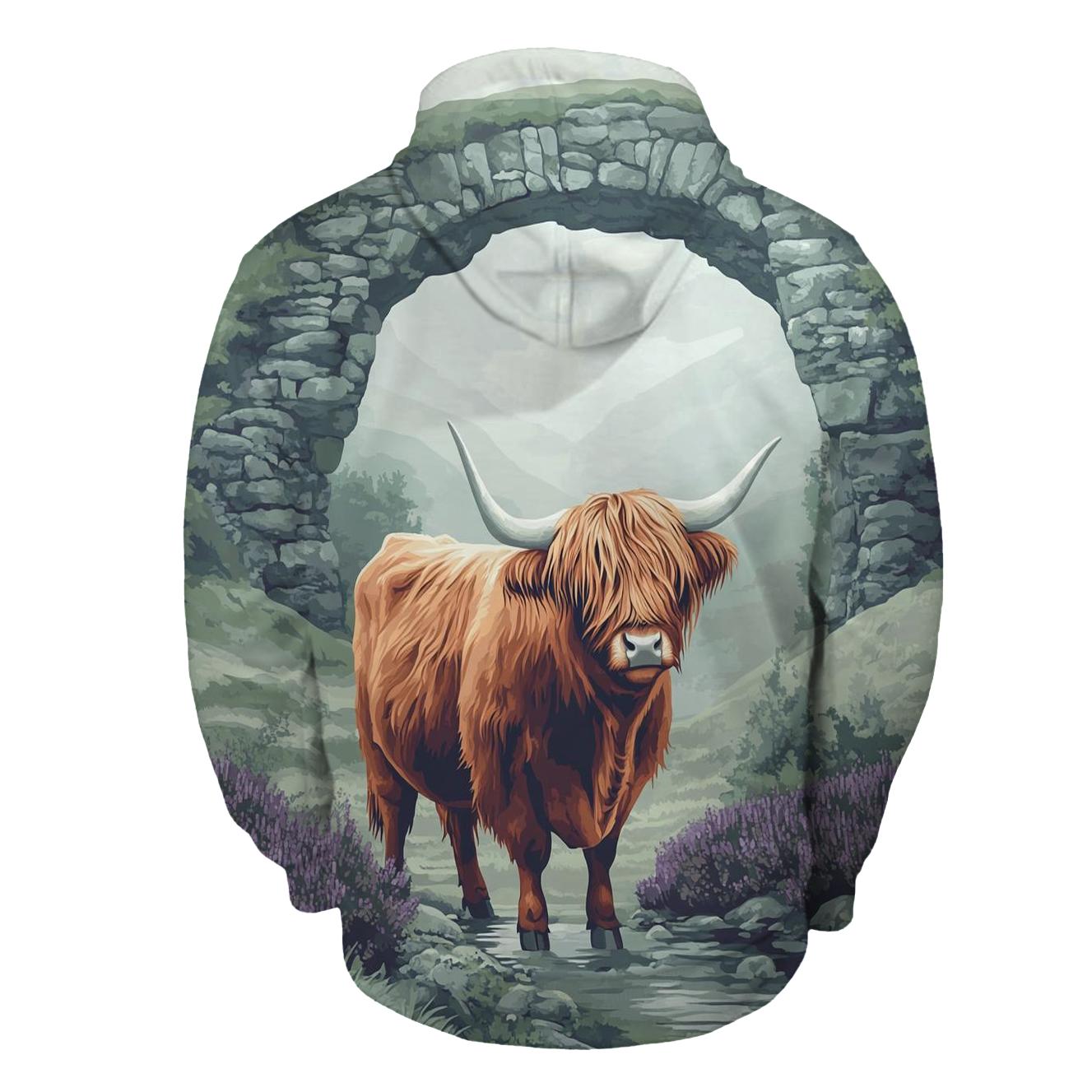 Highland Cow In Mist Gate Glen heavyweight hoodies