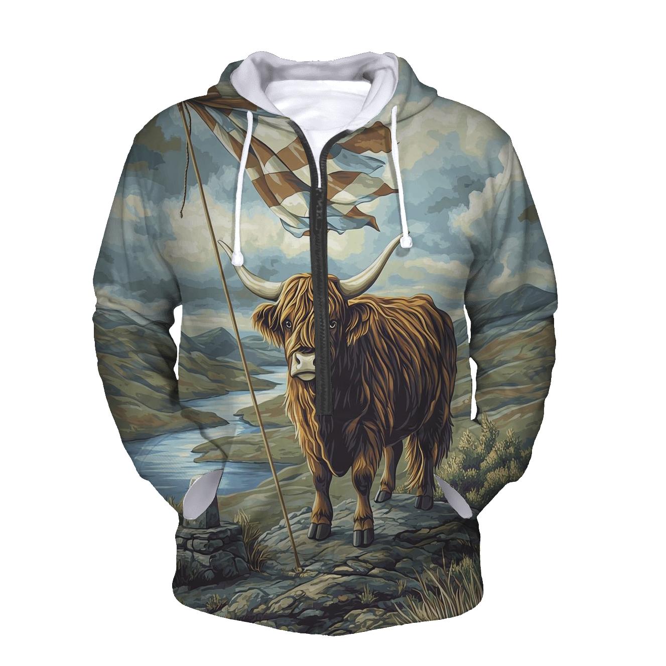 Highland Cow Hilltop Weather Watch premium hoodies