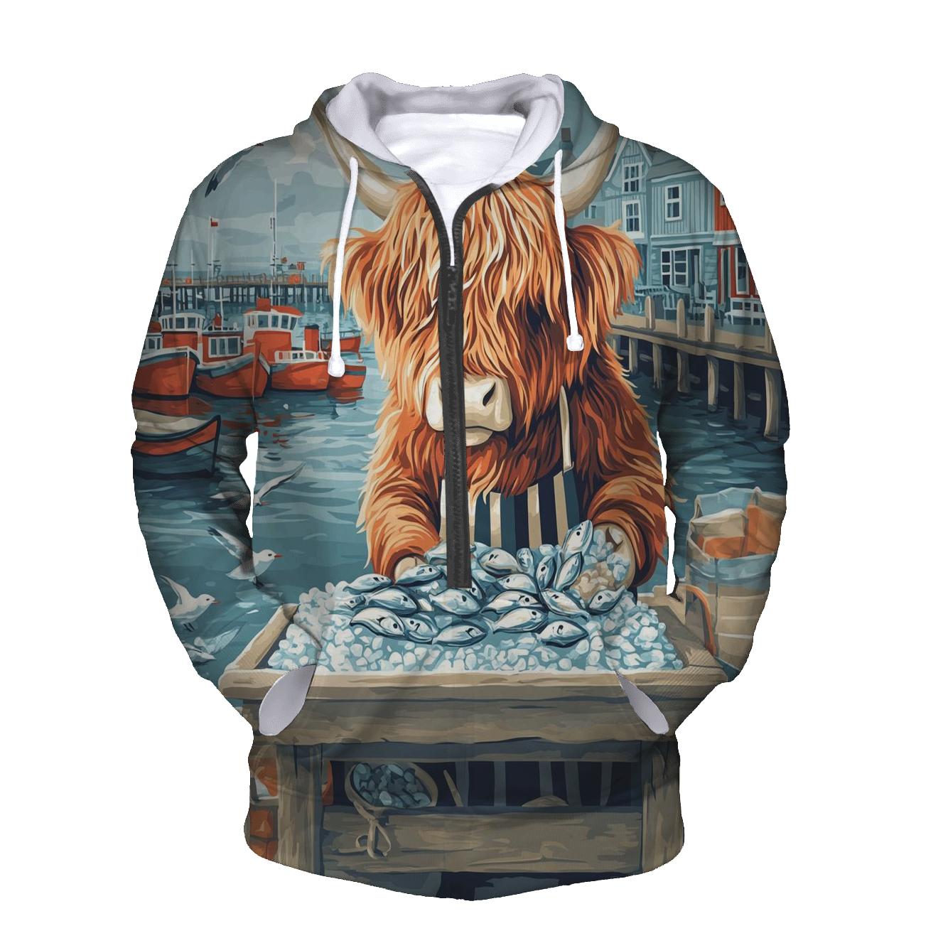 Highland Cow Harbor Fishmonger graphic hoodies
