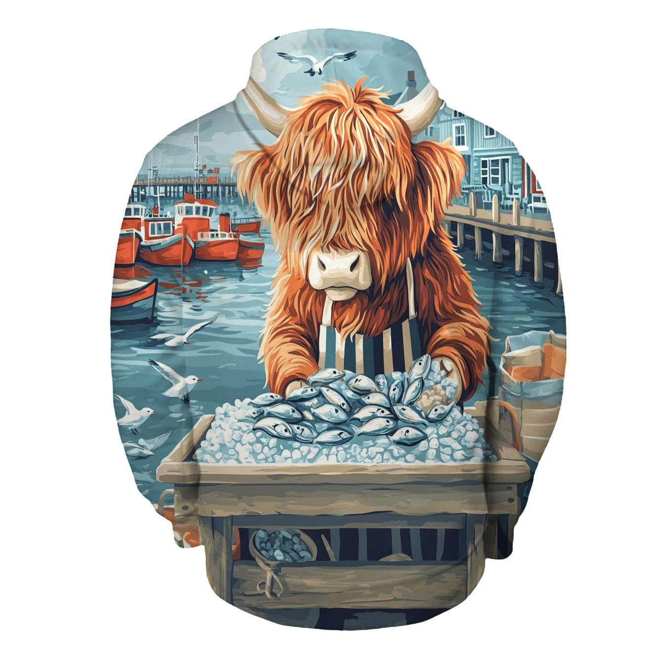 Highland Cow Harbor Fishmonger graphic hoodies