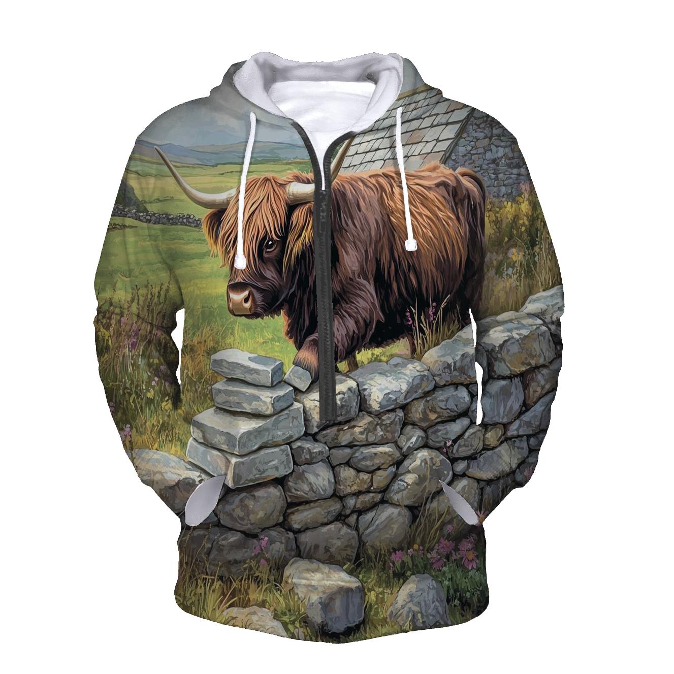 Highland Cow Garden Stone Wall Builder zip-up hoodies