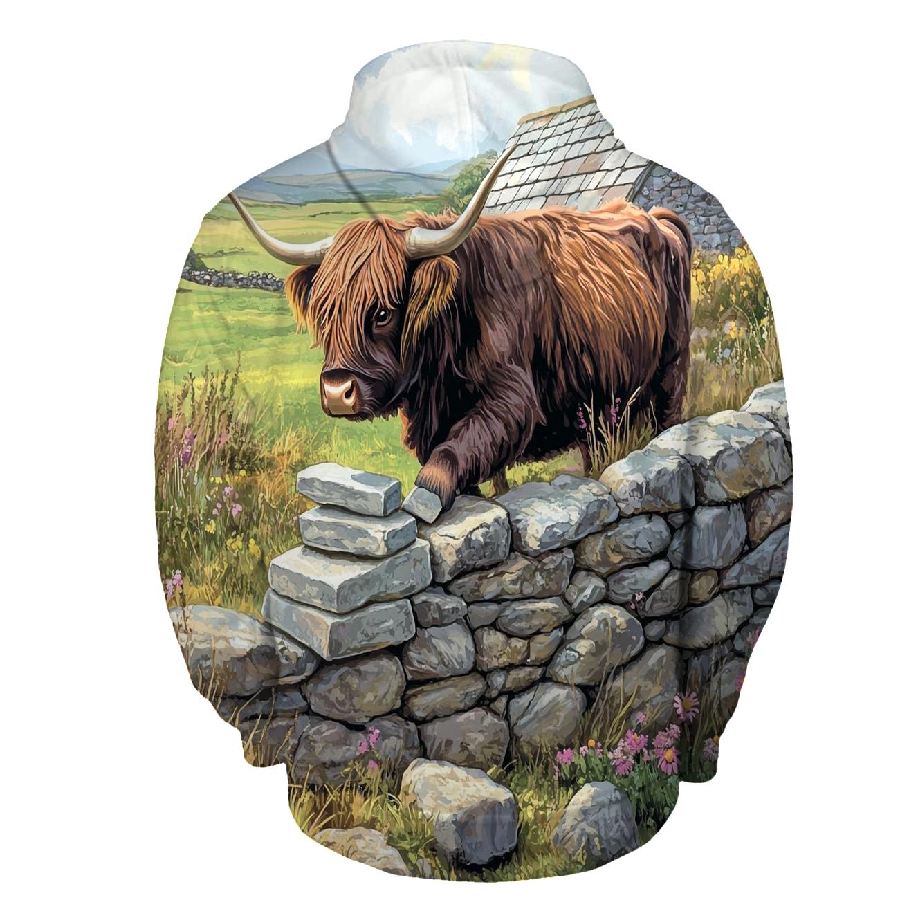 Highland Cow Garden Stone Wall Builder zip-up hoodies