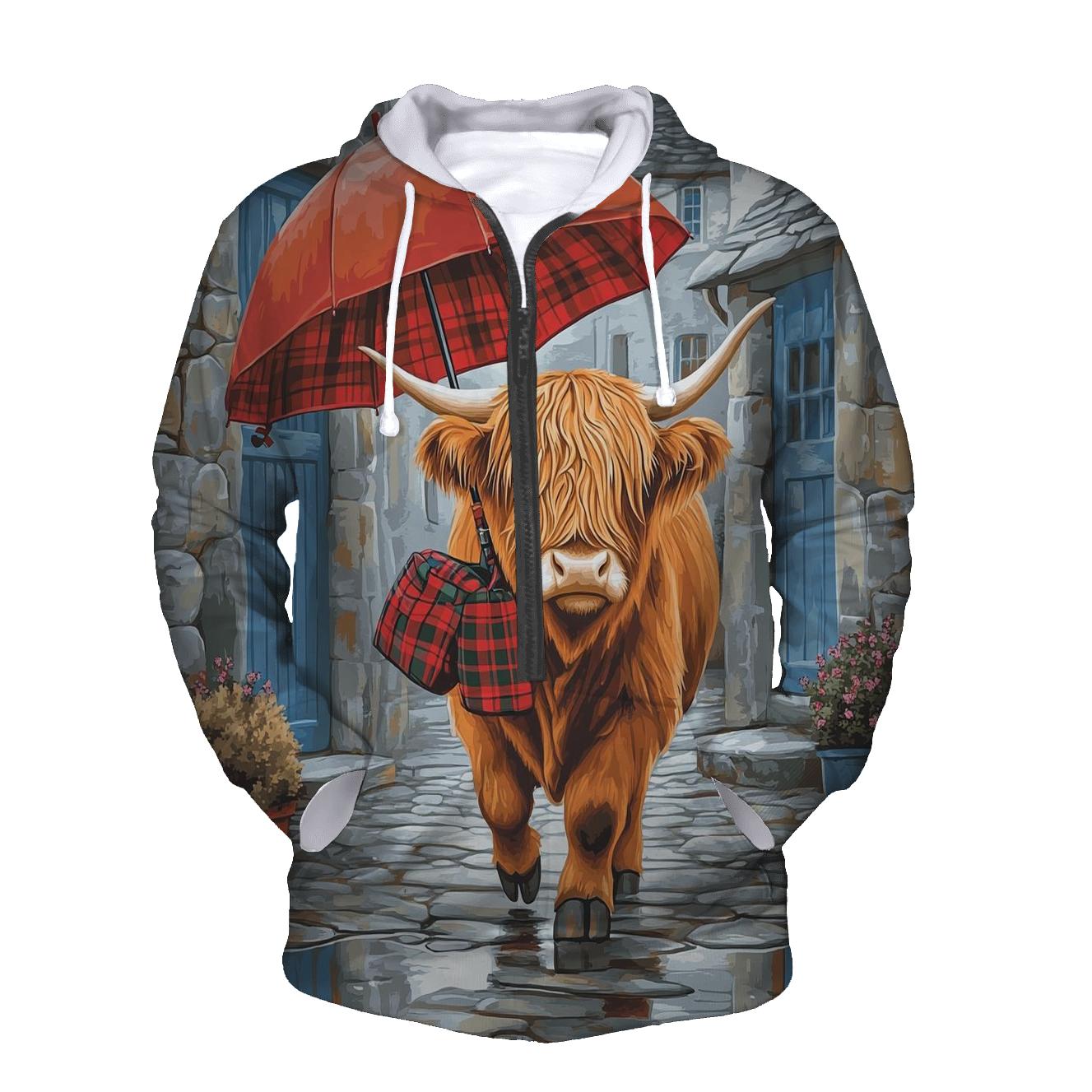 Highland Cow Rainy Day Umbrella Stroll graphic hoodies