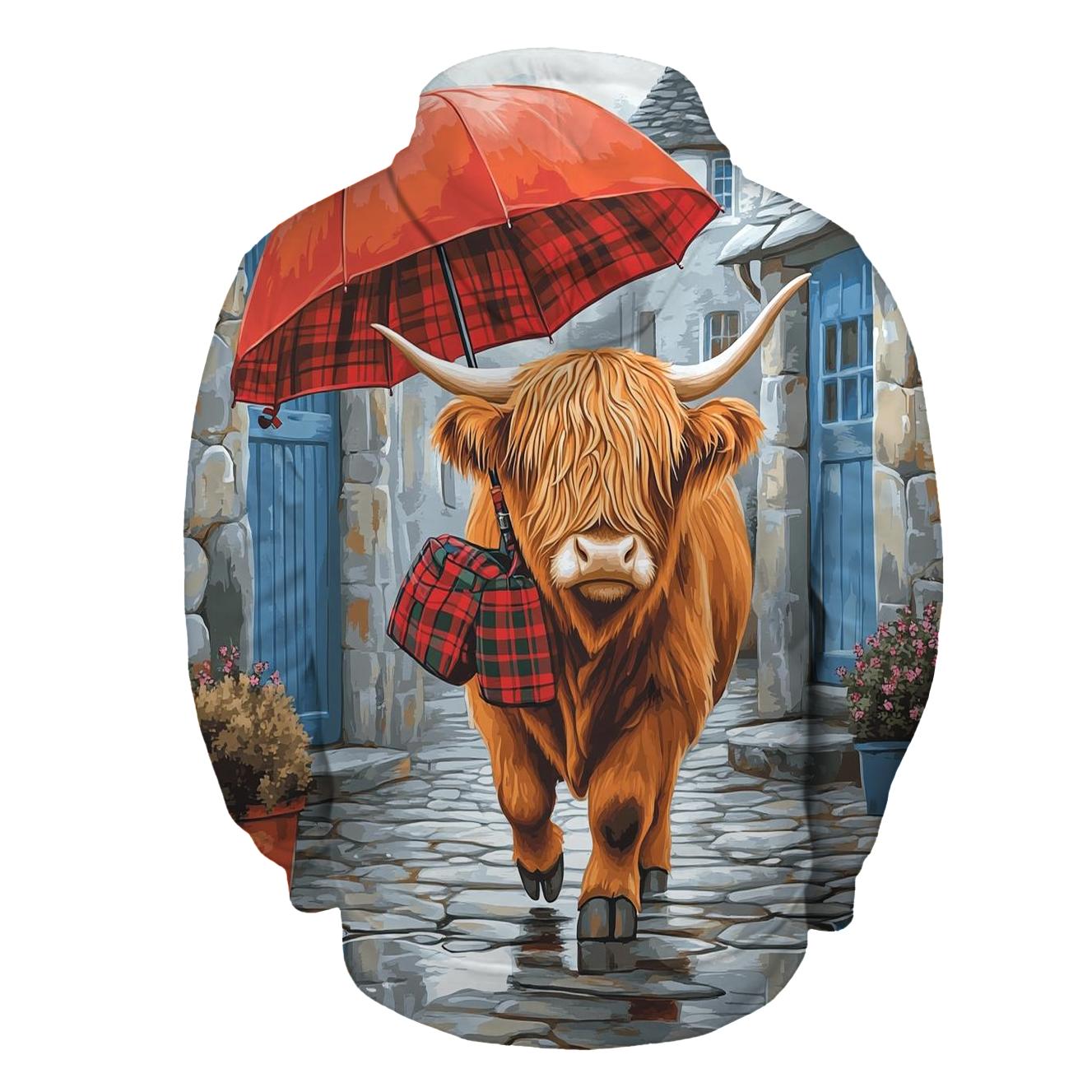 Highland Cow Rainy Day Umbrella Stroll graphic hoodies