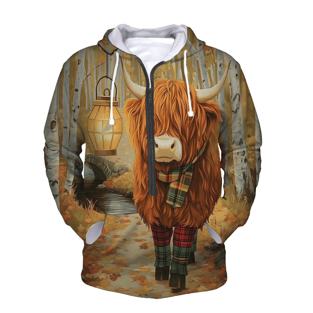 Highland Cow Autumn Leaf Lantern Walk heavyweight hoodies