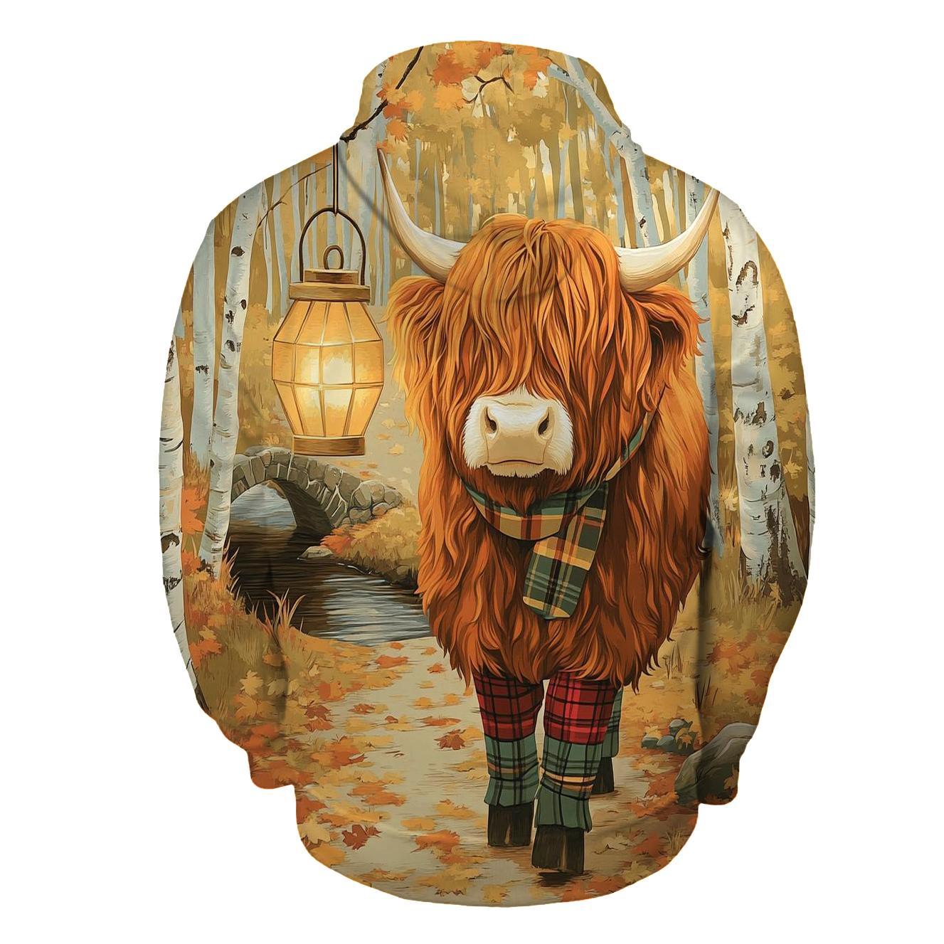 Highland Cow Autumn Leaf Lantern Walk heavyweight hoodies