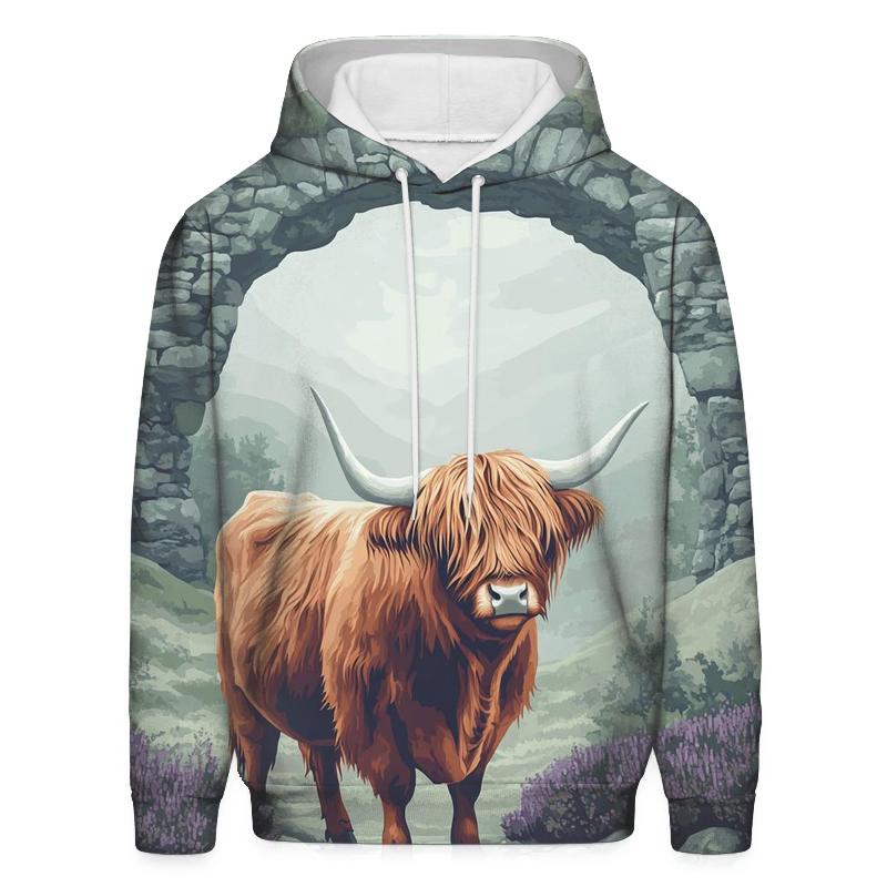 Highland Cow In Mist Gate Glen embroidered hoodies