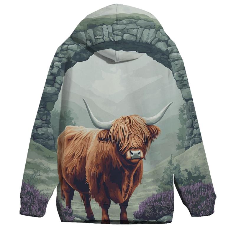 Highland Cow In Mist Gate Glen embroidered hoodies