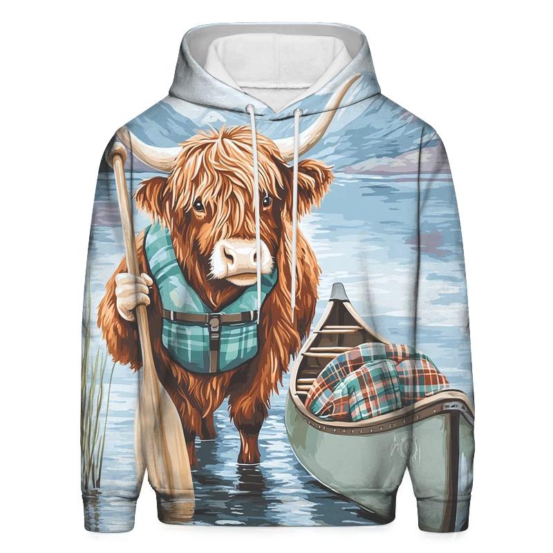 Highland Cow Lochside Canoe Guide designer hoodies