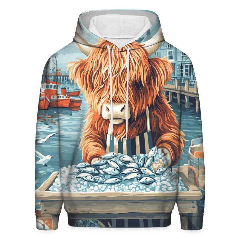 Highland Cow Harbor Fishmonger printed hoodies