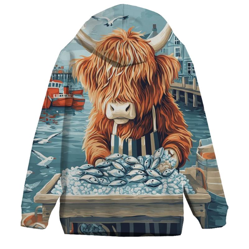 Highland Cow Harbor Fishmonger printed hoodies