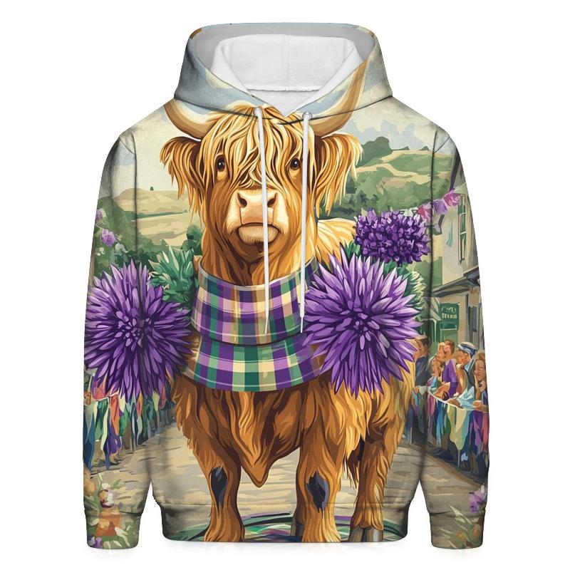 Highland Cow In Thistle Parade Float pullover hoodies