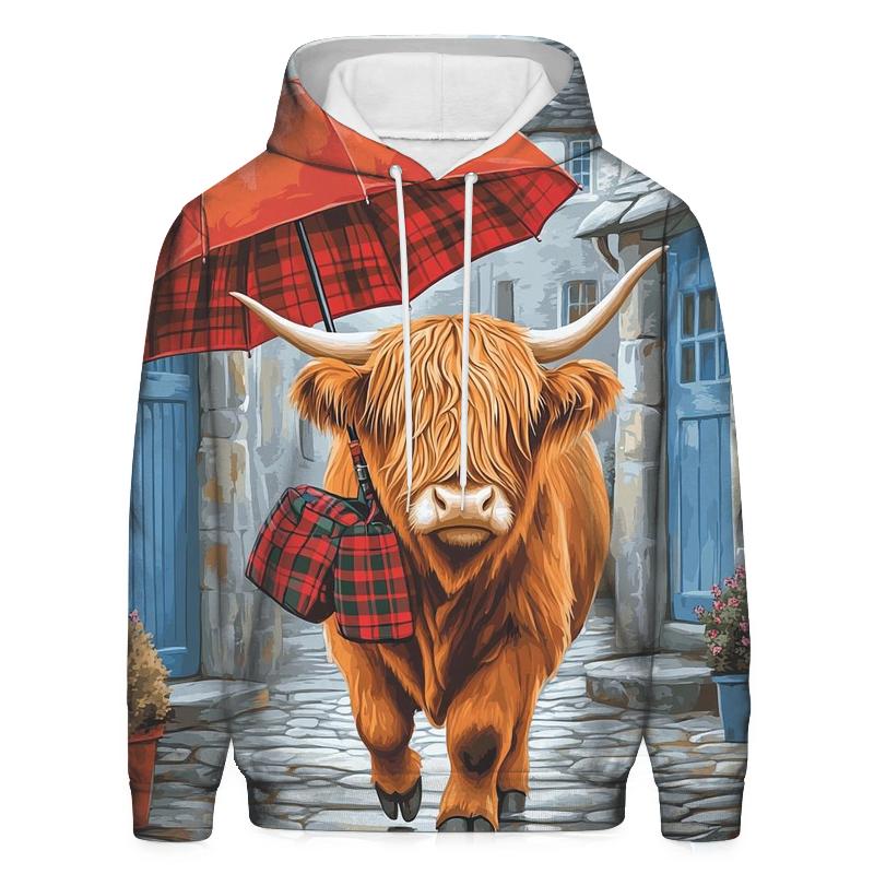 Highland Cow Rainy Day Umbrella Stroll graphic hoodies