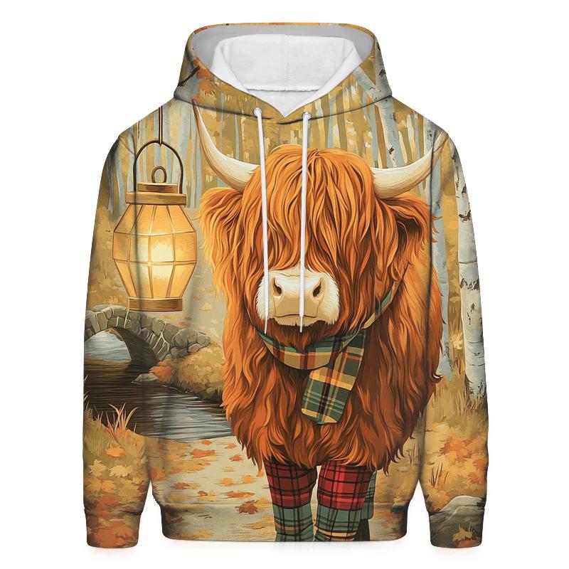 Highland Cow Autumn Leaf Lantern Walk hoodie styles