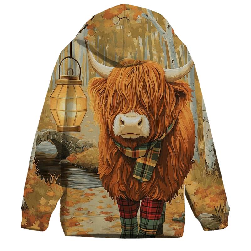 Highland Cow Autumn Leaf Lantern Walk hoodie styles