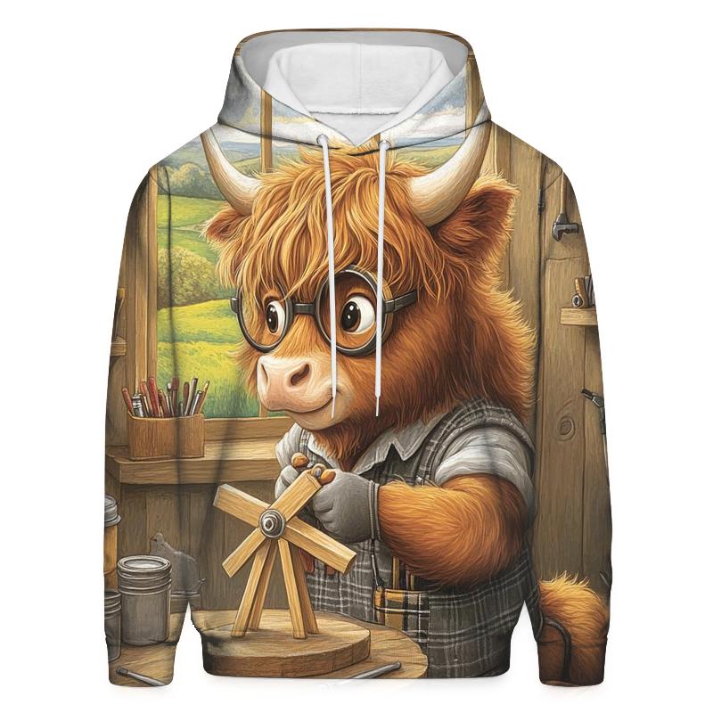 Highland Cow Workshop Tool Shed Inventor graphic hoodies