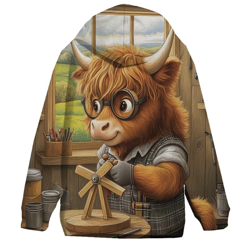 Highland Cow Workshop Tool Shed Inventor graphic hoodies