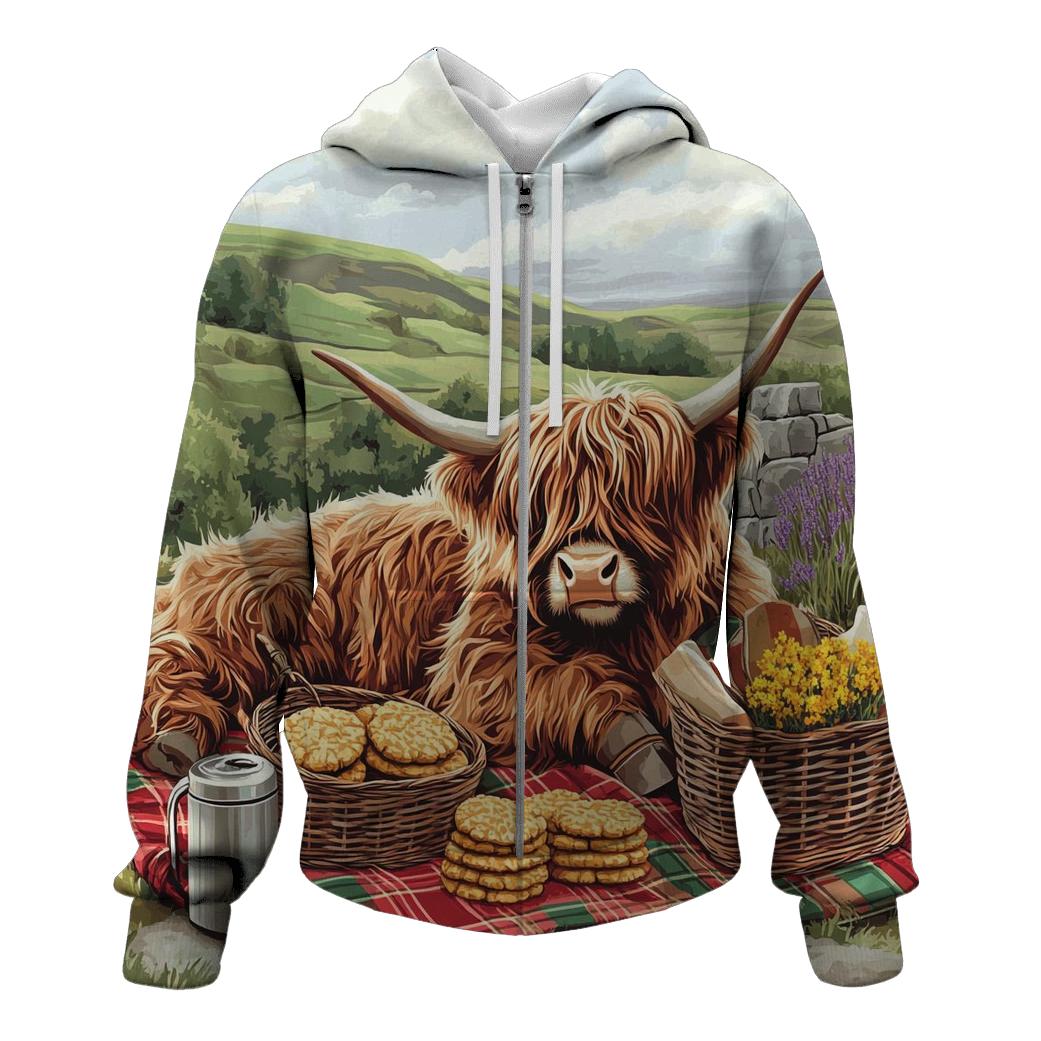 Tartan Picnic With Highland Cow graphic hoodies
