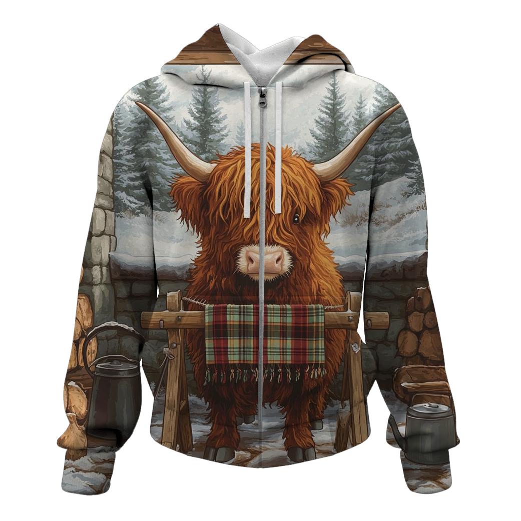 Highland Cow In Winter Knit Workshop pullover hoodies