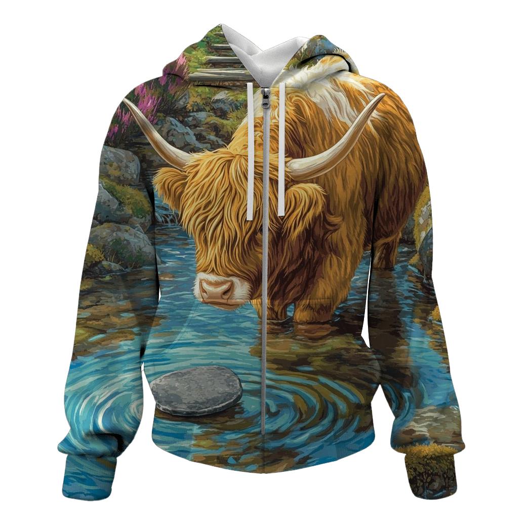 Highland Cow River Stone Skipper zip-up hoodies