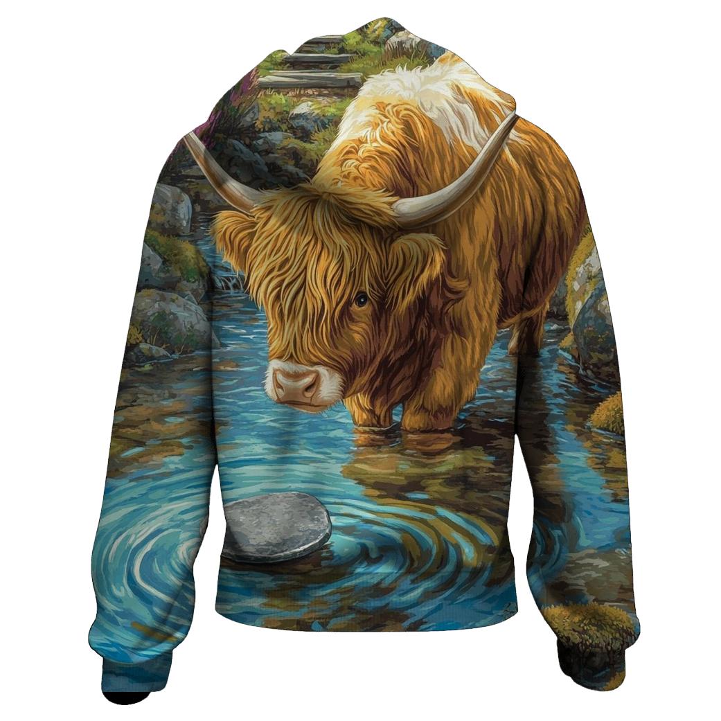 Highland Cow River Stone Skipper zip-up hoodies