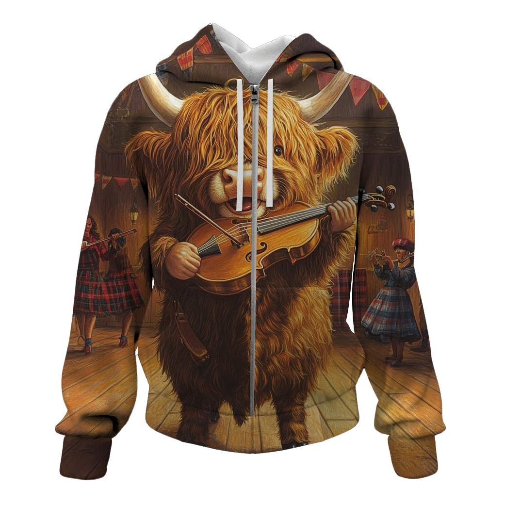 Ceilidh Fiddle Highland Cow graphic hoodies