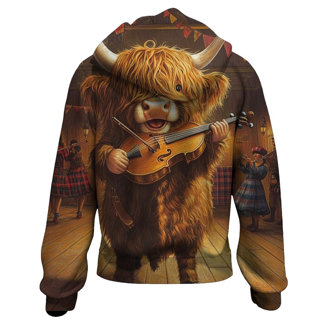Ceilidh Fiddle Highland Cow graphic hoodies