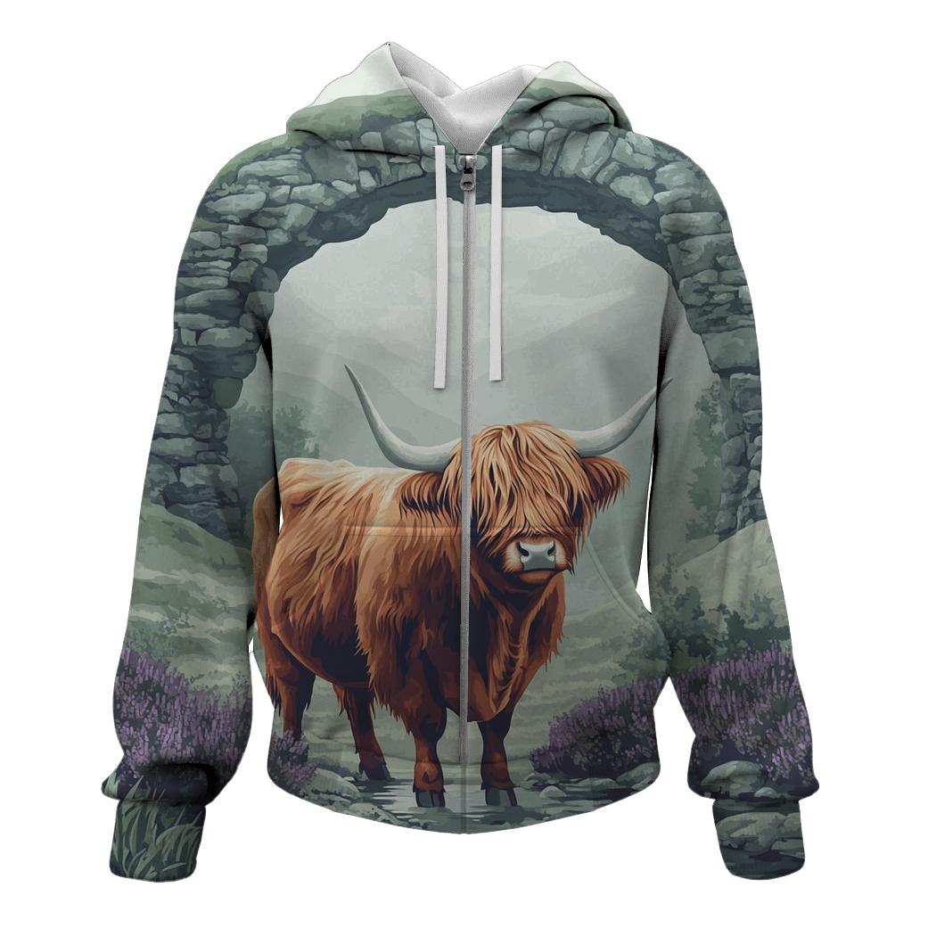 Highland Cow In Mist Gate Glen hoodie styles