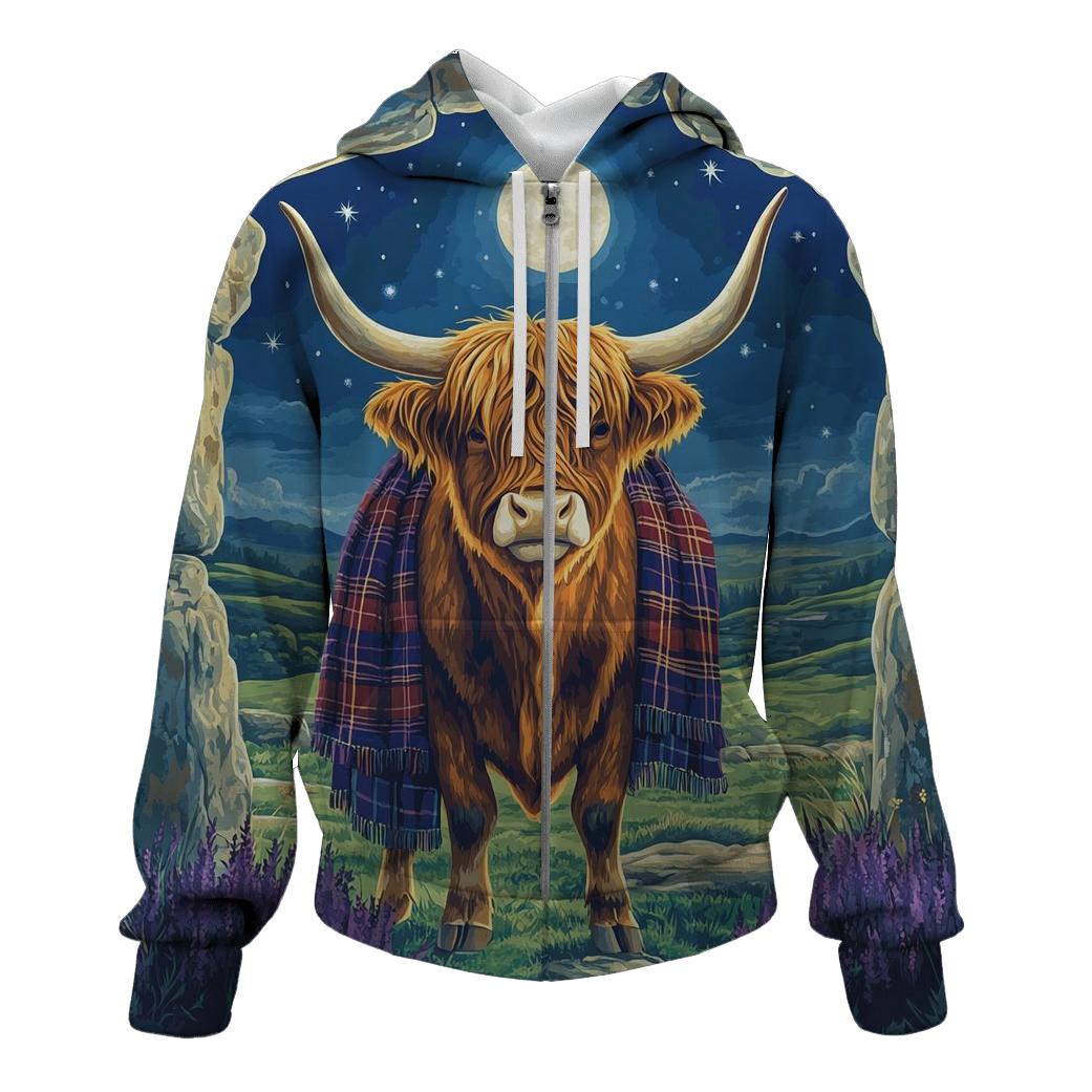 Highland Cow Moonlit Stone Circle Sentinel graphic hoodies