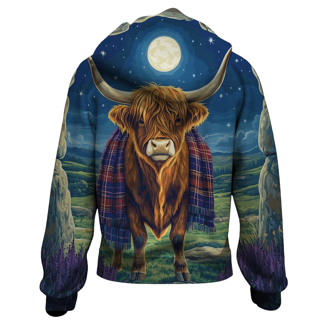 Highland Cow Moonlit Stone Circle Sentinel graphic hoodies