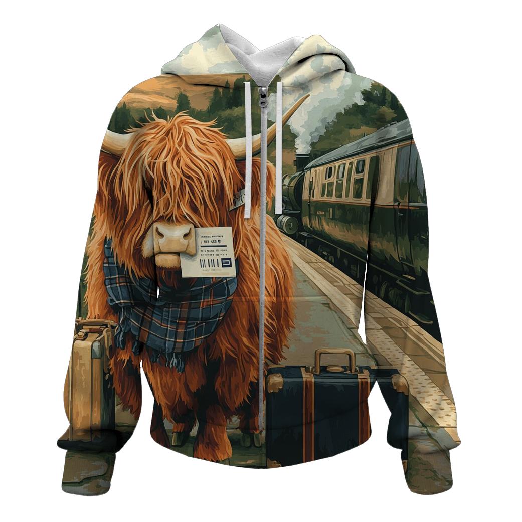 Highland Cow Railway Platform Traveler embroidered hoodies