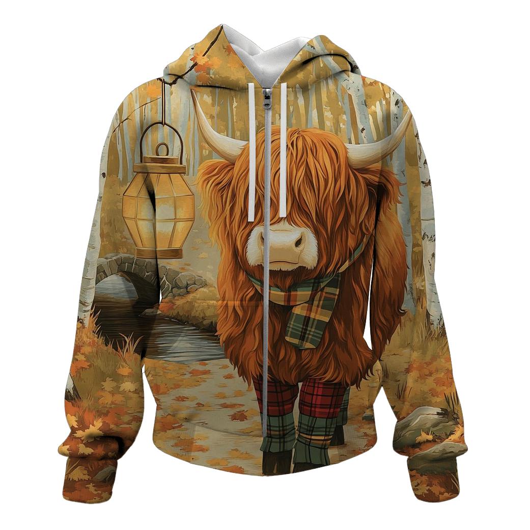 Highland Cow Autumn Leaf Lantern Walk embroidered hoodies
