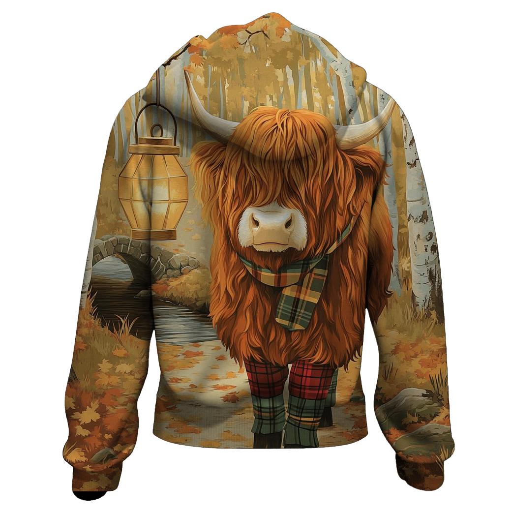 Highland Cow Autumn Leaf Lantern Walk embroidered hoodies