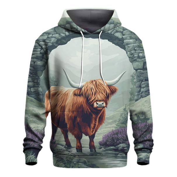 Highland Cow In Mist Gate Glen graphic hoodies