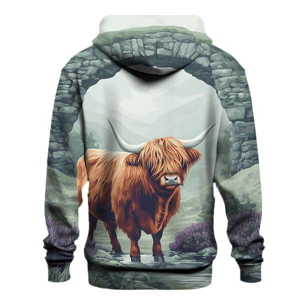 Highland Cow In Mist Gate Glen graphic hoodies