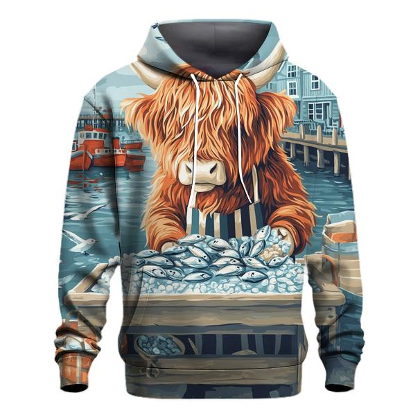 Highland Cow Harbor Fishmonger printed hoodies