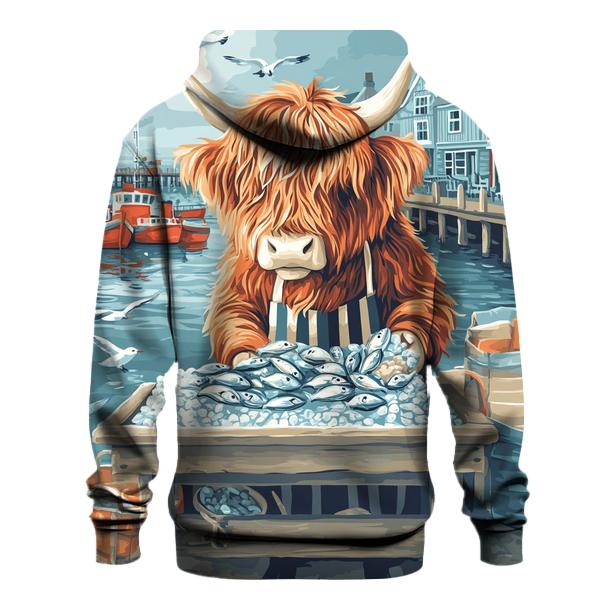 Highland Cow Harbor Fishmonger printed hoodies