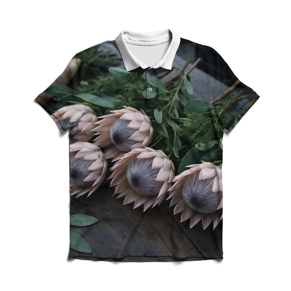 Protea And Fynbos Stem Sorting At A Coastal Flower Market personalized polo shirts
