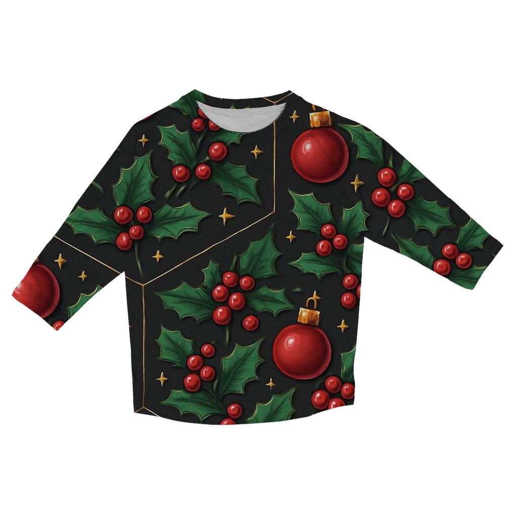 Emerald Holly And Ornament Hex Tile On Charcoal Background personalized 3/4 sleeve tees