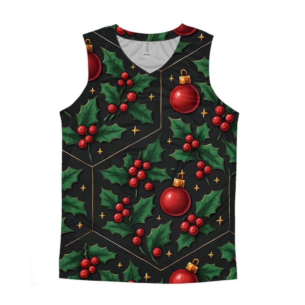 Emerald Holly And Ornament Hex Tile On Charcoal Background custom tank tops