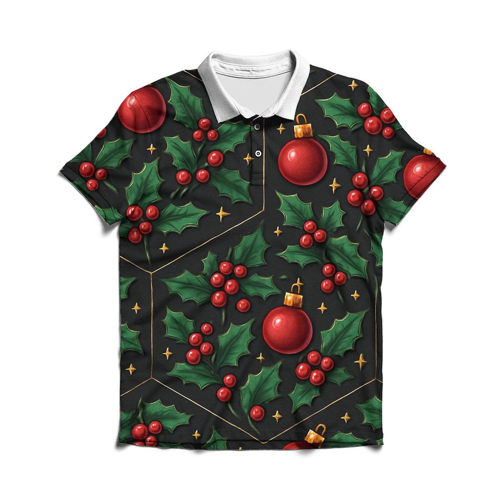 Emerald Holly And Ornament Hex Tile On Charcoal Background custom polo shirts
