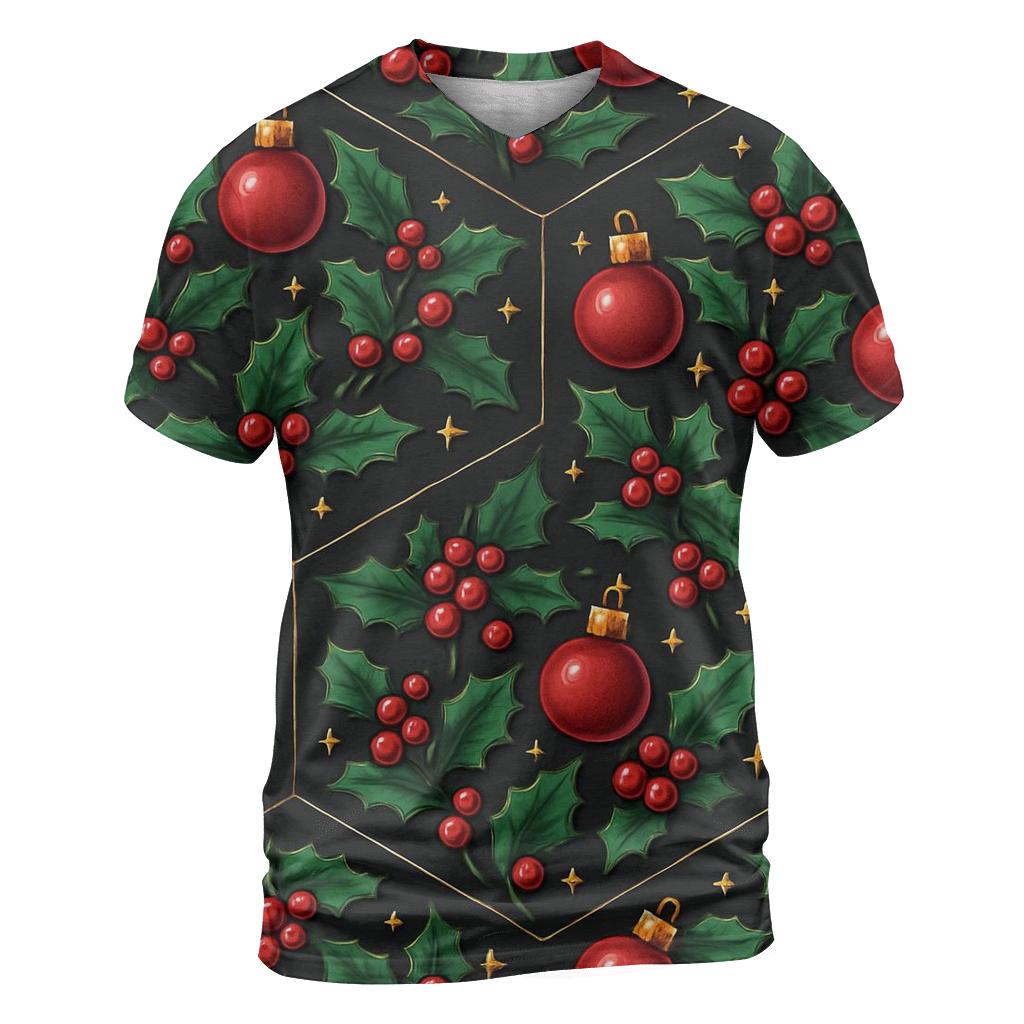 Emerald Holly And Ornament Hex Tile On Charcoal Background custom all-over print shirts