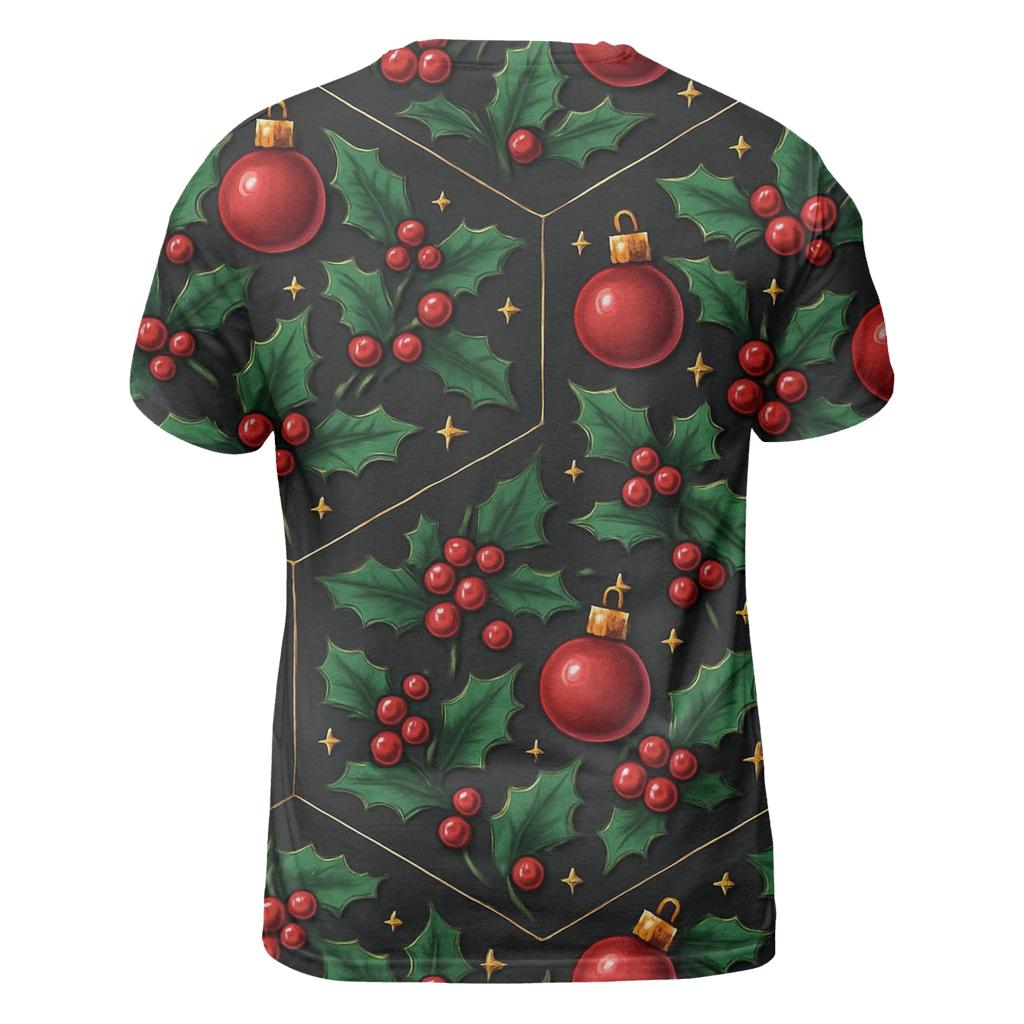 Emerald Holly And Ornament Hex Tile On Charcoal Background custom all-over print shirts