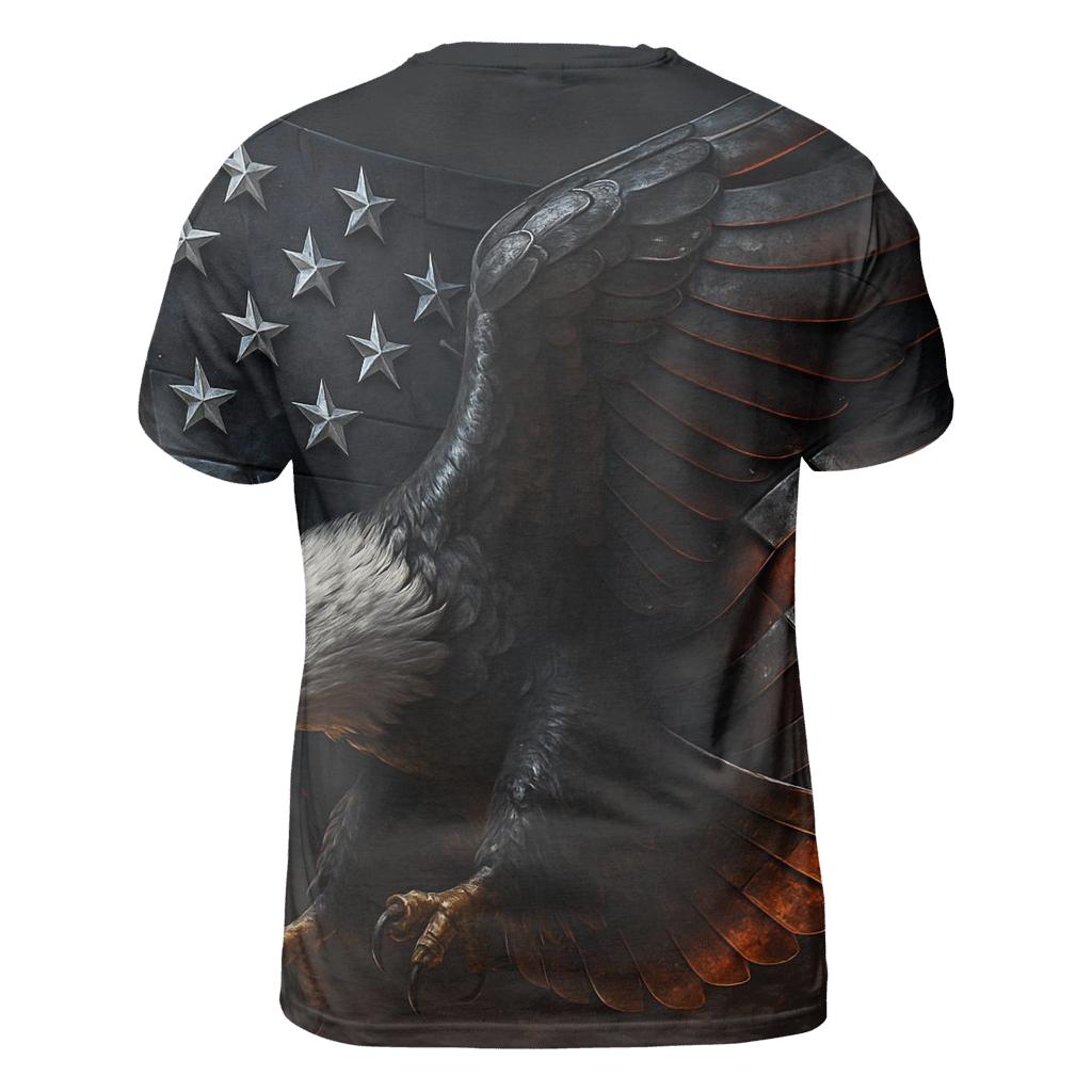 Steel Eagle Over Ember Stripes vibrant all-over design tees