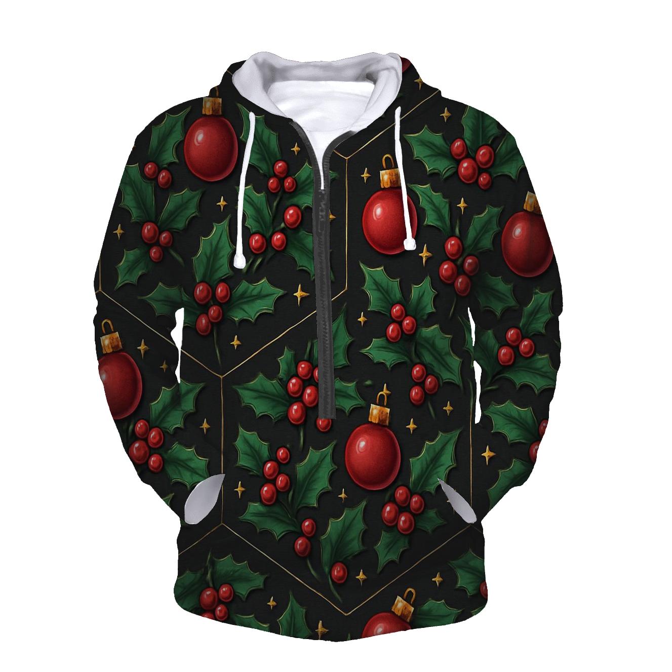 Emerald Holly And Ornament Hex Tile On Charcoal Background zip-up hoodies