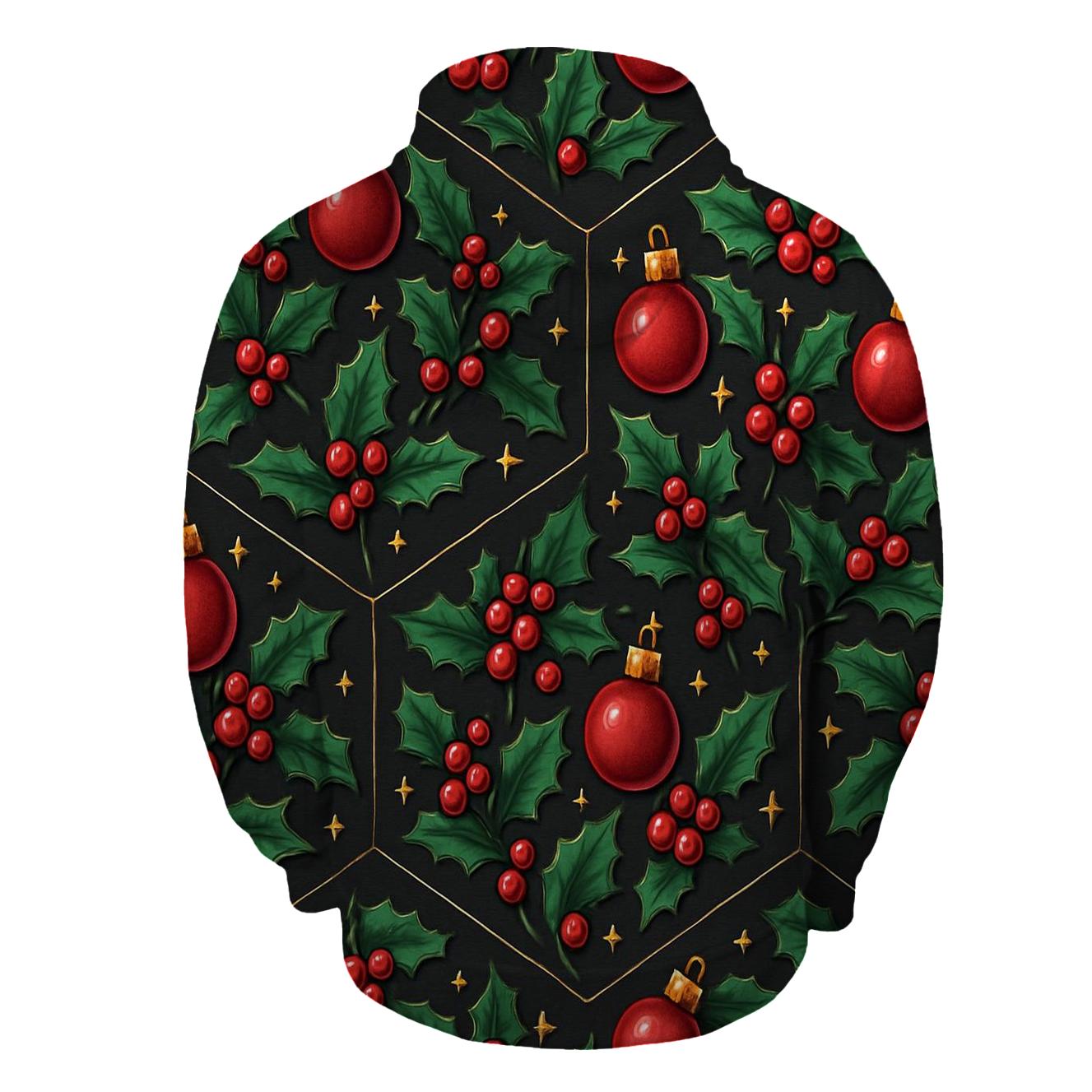Emerald Holly And Ornament Hex Tile On Charcoal Background zip-up hoodies