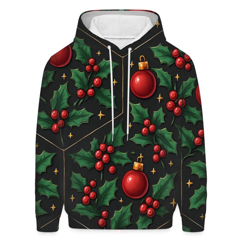 Emerald Holly And Ornament Hex Tile On Charcoal Background printed hoodies