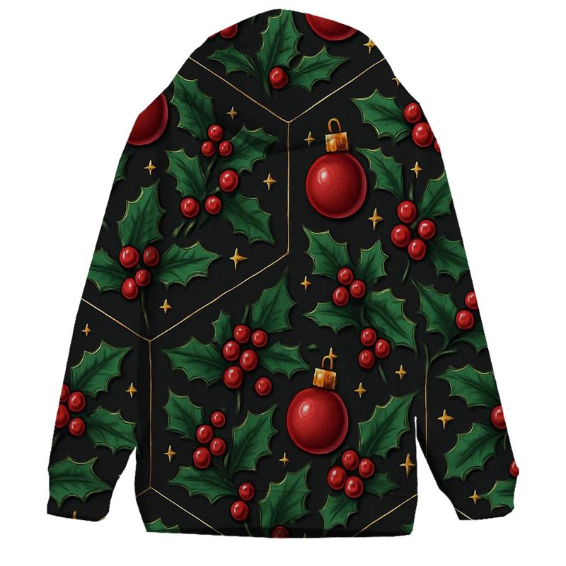 Emerald Holly And Ornament Hex Tile On Charcoal Background printed hoodies