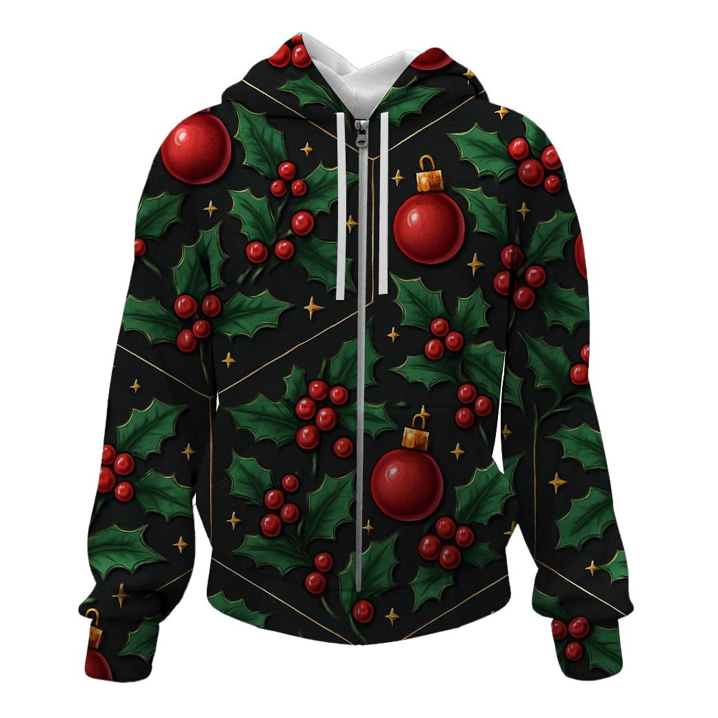 Emerald Holly And Ornament Hex Tile On Charcoal Background lightweight hoodies
