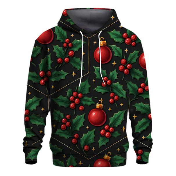 Emerald Holly And Ornament Hex Tile On Charcoal Background printed hoodies